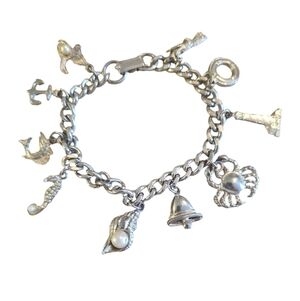 Chunky Charm Bracelet, Vintage Nautical Ocean Vacation Theme, Silvertone